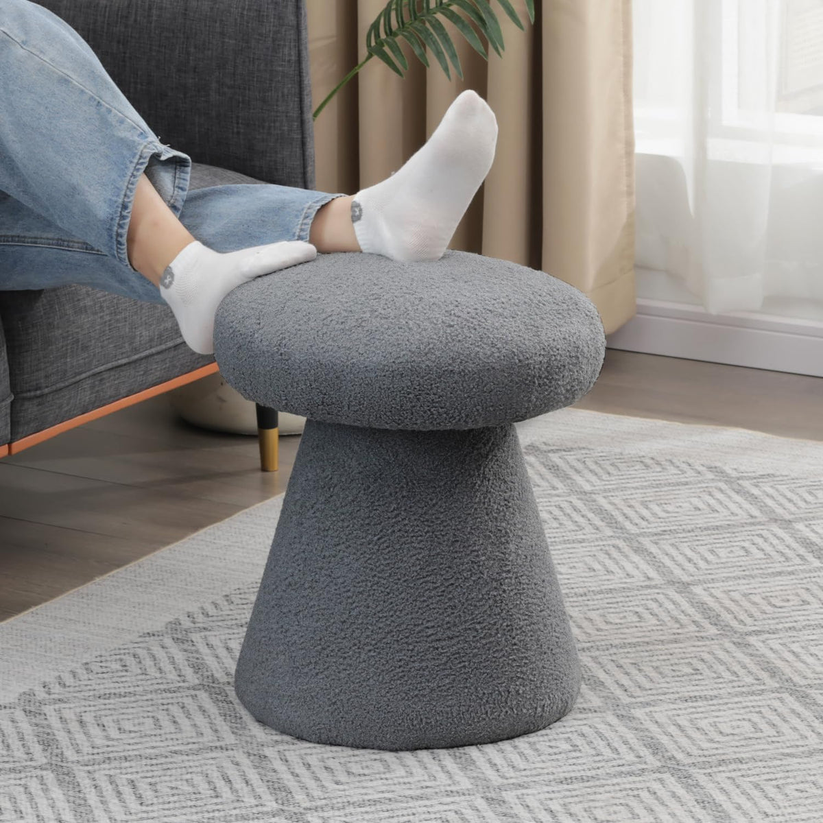 Joveco Ottoman Foot Rest,Mushroom Foot Stool,Upholstered Teddy Velvet Vanity Stools