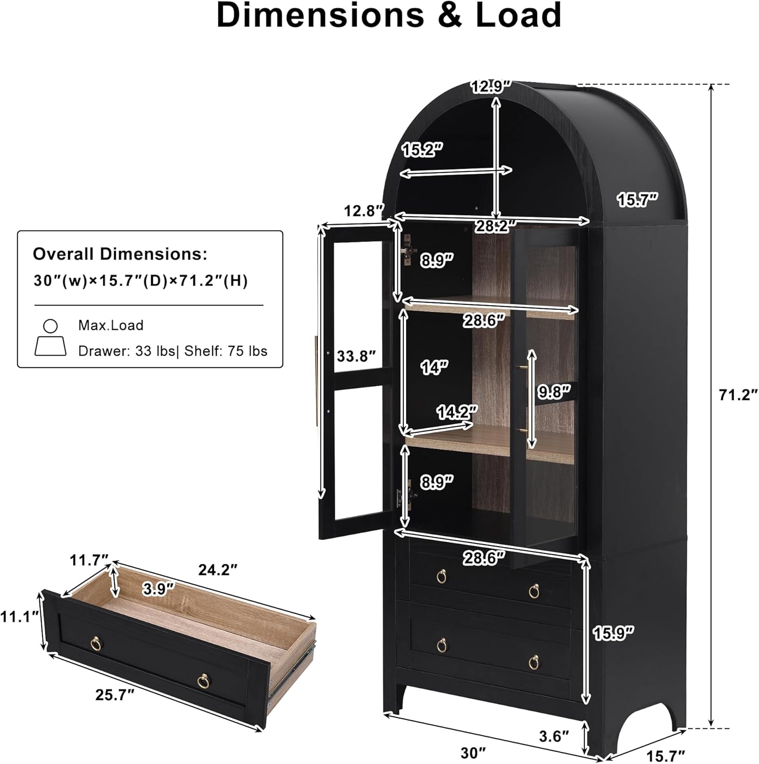 71" Tall Arched Kitchen Pantry Cabinet with Glass Doors, Modern Wood China Cabinet Storage Hutch with 2 Storage Compartment and Adjustable Shelves, Suitable for Dining Room, Coffee Bar