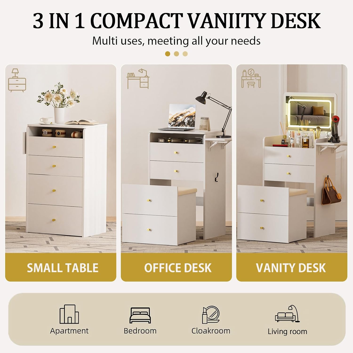 COMHOMA Makeup Vanity Desk with Mirror and Lights, Small 3 in 1 Vanity Table with Visible Glass Top, Flip Top & 3 Drawers, Compact Dressing with Storage Stool for Room or Office