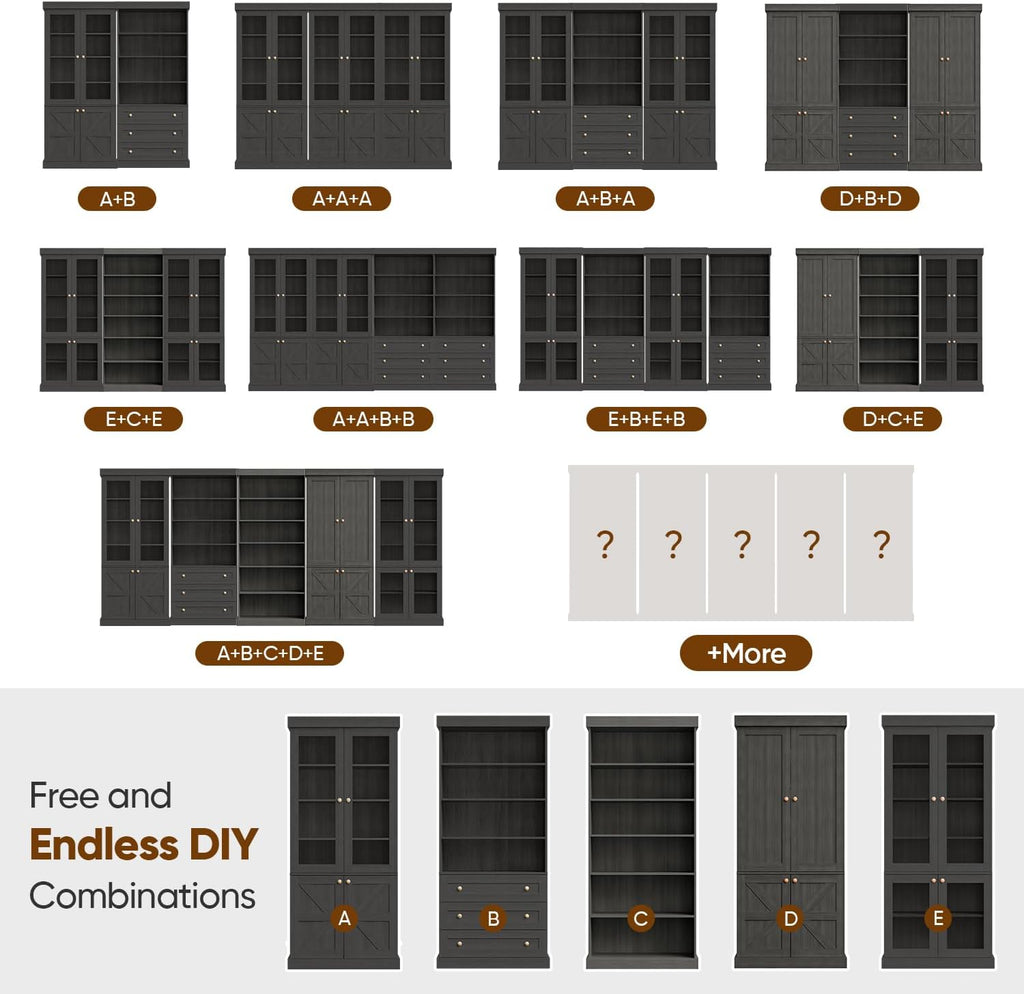 ivaniti 70.8" Tall Farmhouse Modular Kitchen Storage Cabinet with Glass Doors, 6-Tier Adjustable Shelves for Kitchen Organization, Set of 3, Black