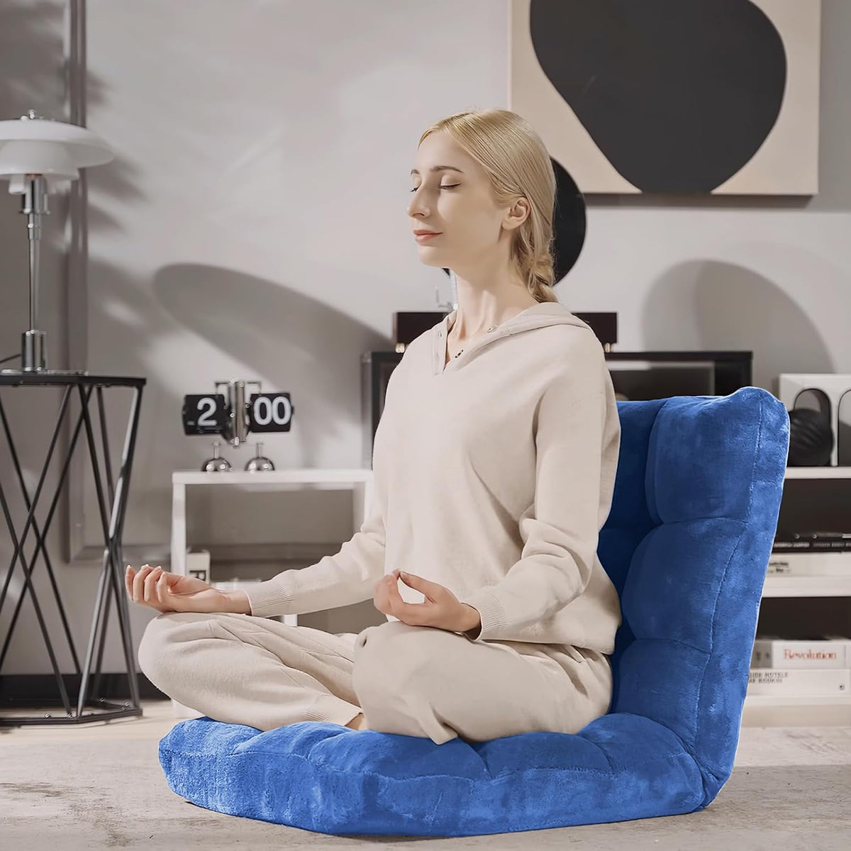 S AFSTAR Cushioned Floor Chair, 14-Position Adjustable Padded Lazy Recliner with Comfortable Back Support and Skin-Friendly Cover, Great for Reading, Playing Game, Meditating (Blue)