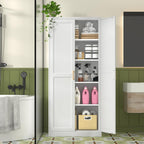 Polup 71" White Metal Kitchen Pantry Storage Cabinet with Doors and Shelves | Tall Freestanding Cupboard, 5-Tier Heavy Duty, 4 Adjustable Shelving, Gold Handles, for Garage, Dining Living Room, Office