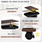 Modern Adjustable End Table with Wheels, 360° Rotating and Adjustable Lift-Top Design, Multifunctional Sofa Side Table with Storage Space for Living Room, Small Space (Black+Brown/508)