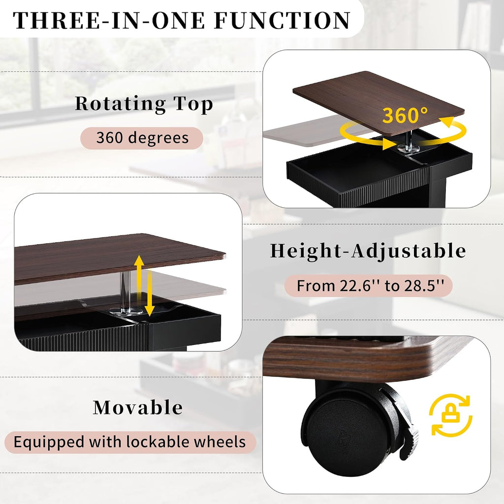 Lift Top End Table with Wheels, Rotating Sofa Side Table, 360°Rotating Top & Storage Space for Living Room, Bedroom, Small Space (Black+Brown)