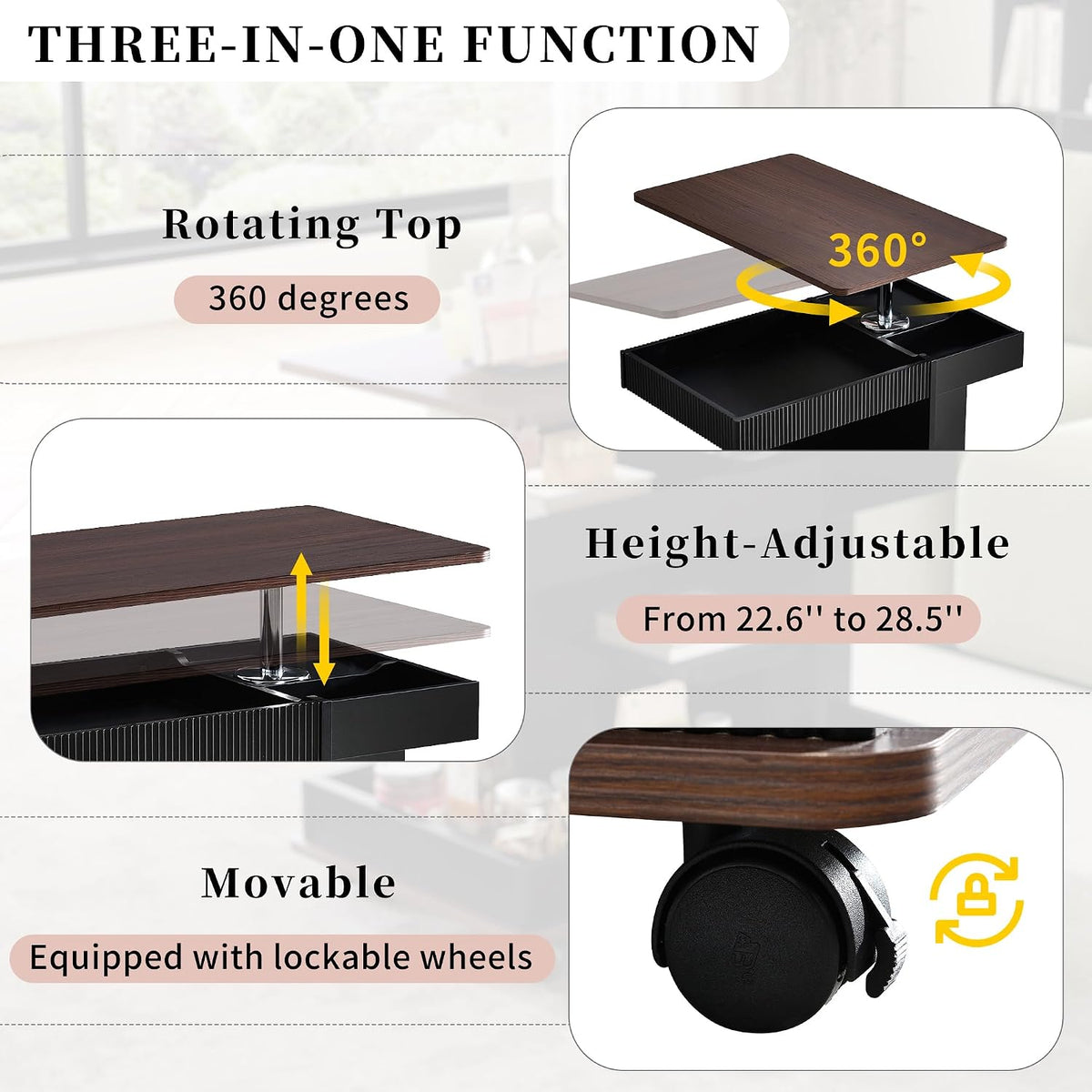 Adjustable Side Table with Wheels, 360° Rotating Lift-Top & Storage, Modern Bedside/Sofa Rolling Table for Small Spaces, Living Room Use, Black