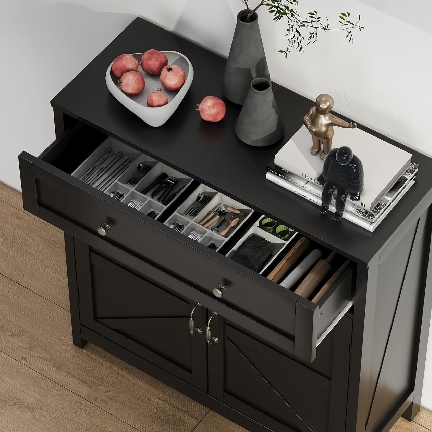 Semiocthome Farmhouse Sideboard Buffet Cabinet with Storage and Adjustable Shelf, Accent Table with Barn Door, Storage Cabinet for Kitchen, Dining Room, Bathroom, Entryway - Black