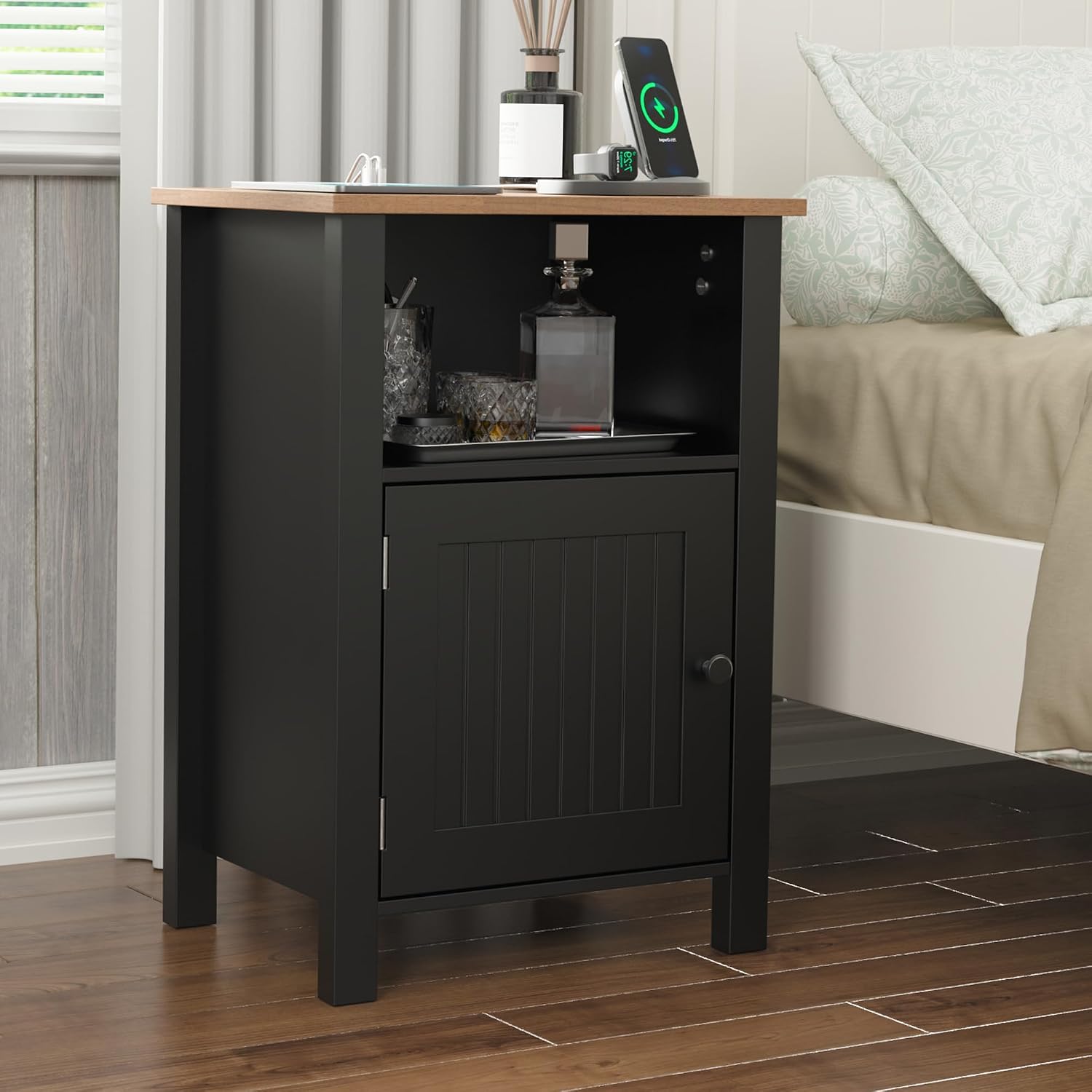 Furnify Nightstand with Charging Station, Night Stand Set of 2, Black | Farmhouse Rustic Night Stand with USB Ports & Open Storage Shelf, Modern Bedside Table with Door, Small End Table for Bedroom