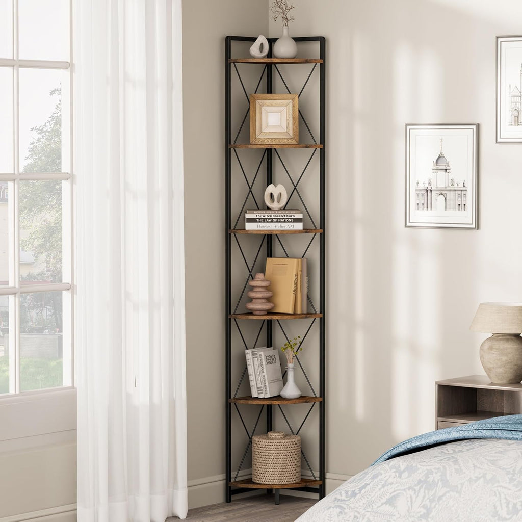 6 Tier Corner Shelf Stand, 78" H Tall Industrial Corner Bookshelf for Living Room Decor, Metal Corner Shelf, Plant Stand Display Shelf for Bedroom, Bathroom, Small Space, Rustic Brown