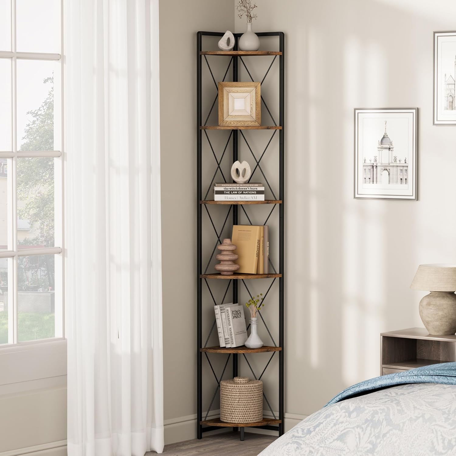 6 Tier Corner Shelf Stand, 78" H Tall Industrial Corner Bookshelf for Living Room Decor, Metal Corner Shelf, Plant Stand Display Shelf for Bedroom, Bathroom, Small Space, Rustic Brown