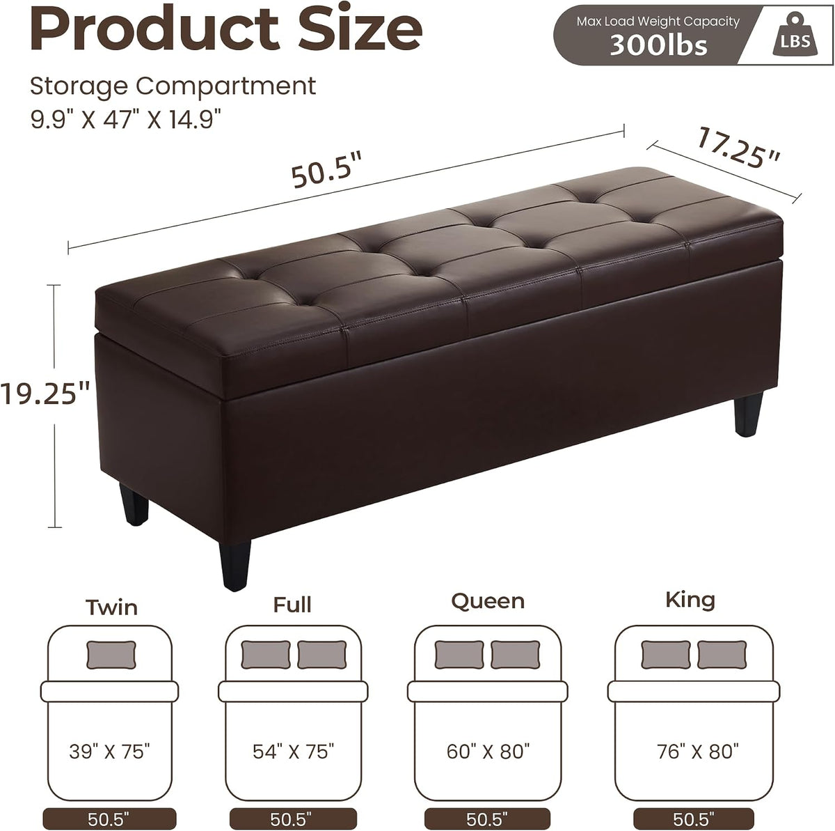 50.5 Inch Storage Ottoman Bench, Faux Leather Tufted Upholstered Bedroom Bench with Safety Hinges, Supports 300 lbs, Large Storage Bench for Living Room, Entryway (Brown)