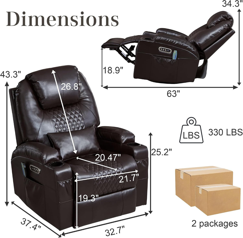 AHMED Dual Motor Power Swivel Rocker Recliner Chair, Faux Leather, Brown | Electric Glider Rocking Chair, Massage & Heat, Cup Holders, LED Lights, USB A/USB C Ports