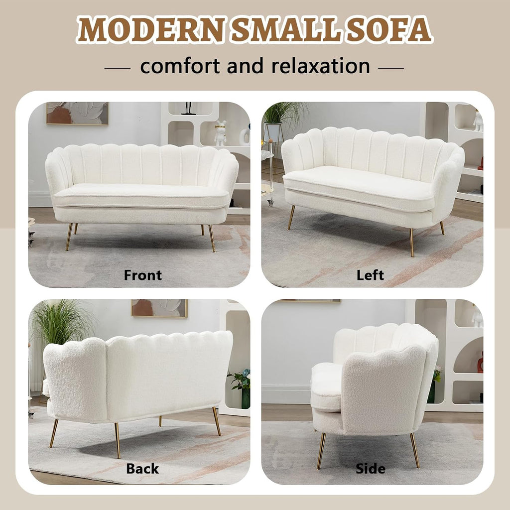 59" Small Loveseat Sofa 2-Seater, Modern Chenille Couch with Gold Metal Legs & Floral Backrest, Compact Apartment Sofa for Living Room, Bedroom, Office, Dorm (Boucle, Ivory)