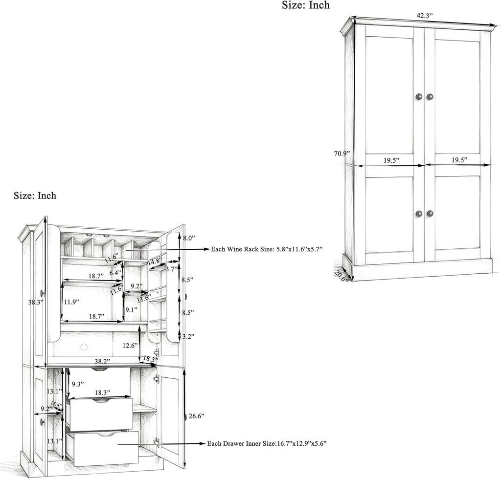 70.9" Tall Kitchen Pantry Cabinet with 4 Doors 3 Drawers 6 Wine Racks & Removable Shelves, Freestanding Storage Cabinets with Built-in Workstation for Kitchen Dining Room Living Room(White)
