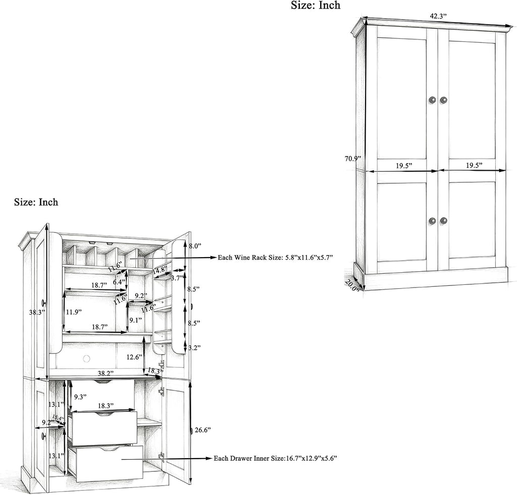 Freestanding Kitchen Pantry,Tall Storage Workstation with 4 Doors, 6 Door Shelves, Removable Shelves and 6 Wine Racks for Dining Room (Grey-FK)