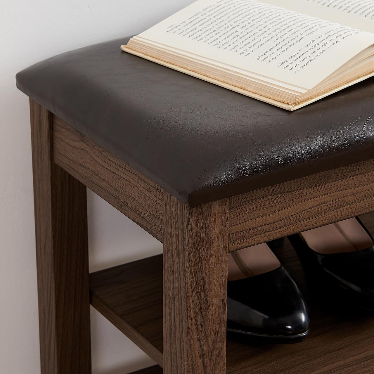 Shoe Storage Bench for Entryway, 24" Lift Top Storage Bench with PU Leather Cushion, 3-Tier Adjustable Shoe Rack Organizer, 400 lb Wood Hallway Benches for Mudroom, Bedroom, Brown