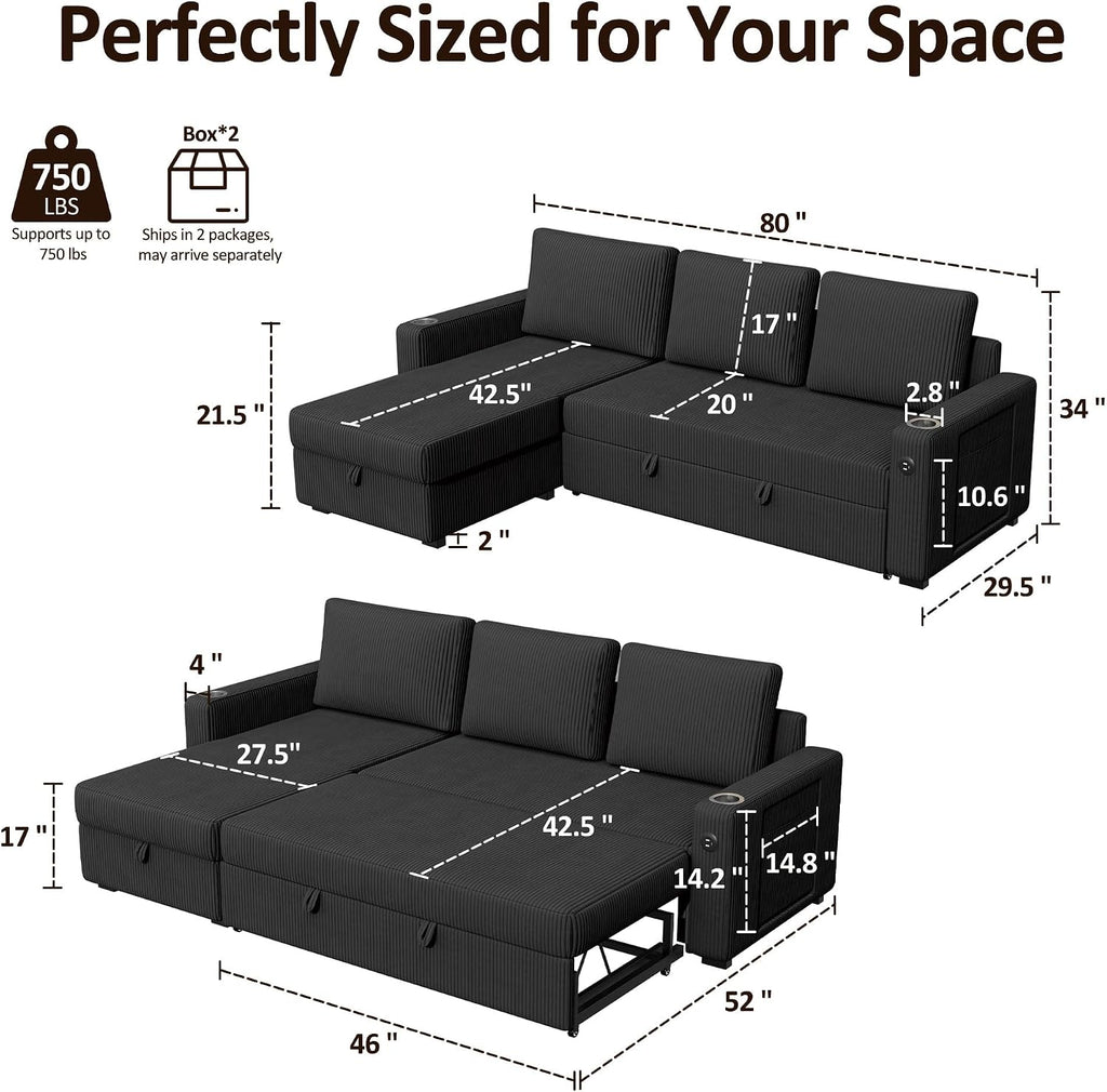 Ball & Cast 80" Sectional Sleeper Sofa Bed Pull Out Couches for Living Room | L Shaped Convertible Pull Out Sofa Bed with Storage Chaise, LED Lights, Foldable Table, USB Ports, Cup Holder and Side Pocket