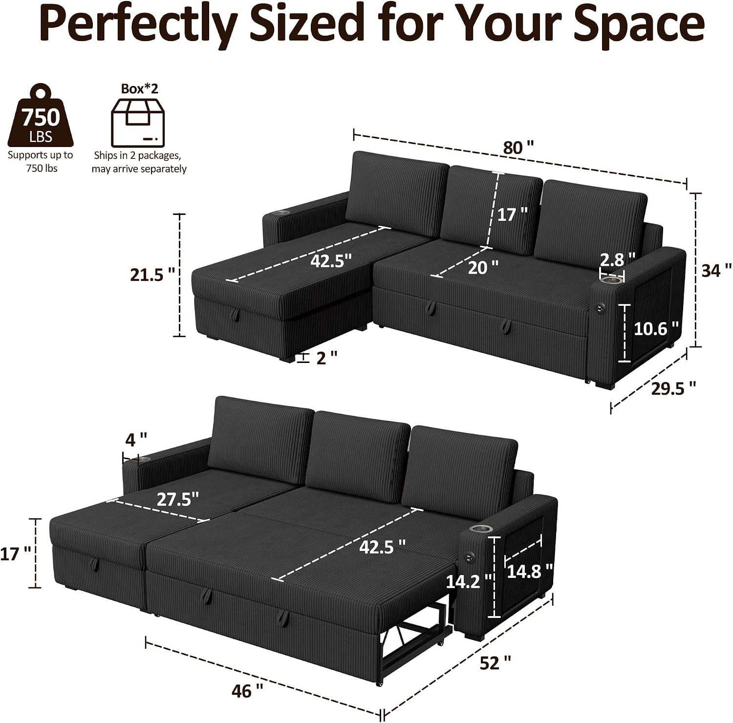 Ball & Cast 80" Sectional Sleeper Sofa Bed Pull Out Couches for Living Room | L Shaped Convertible Pull Out Sofa Bed with Storage Chaise, LED Lights, Foldable Table, USB Ports, Cup Holder and Side Pocket