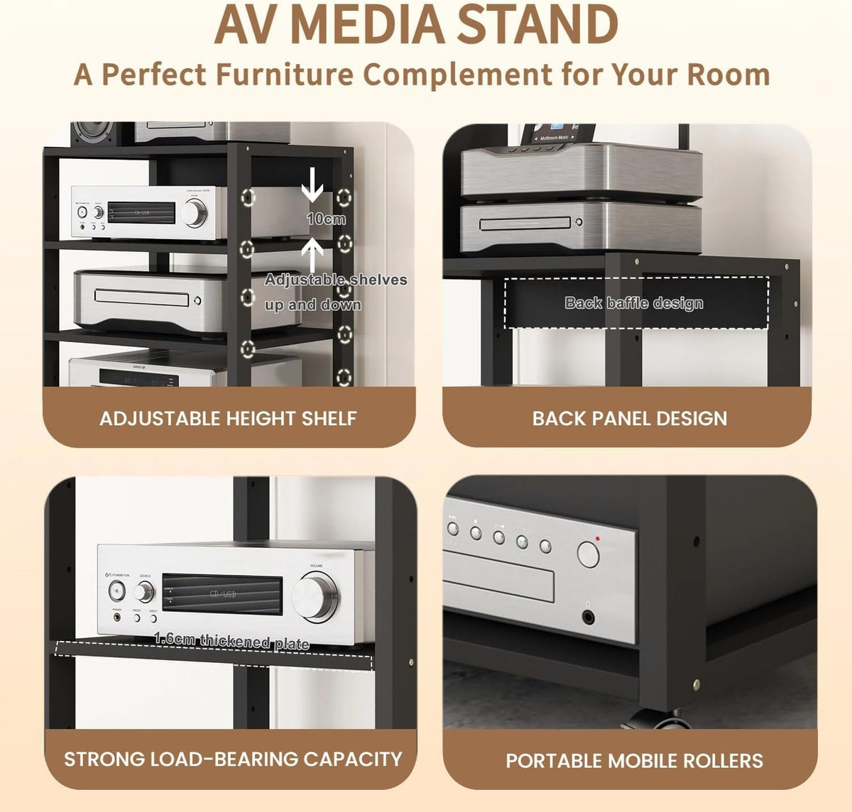 5 Tier AV Media Stand, Audio Rack Tower Stereo Components Cabinet | Home Theatre CD Record Player Stereo Receiver Equipment Rack with Adjustable Wood Shelves, Load 220lbs (Black)
