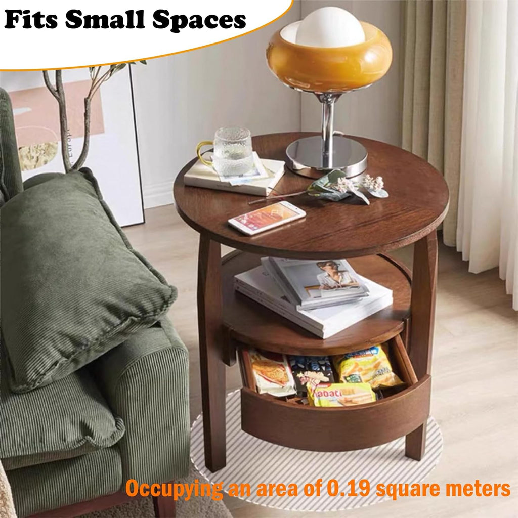 YUNMUAIR-Round Side Table with Drawer,2-Tier Vintage End Table with Storage,Natural Solid Wood Nightstand,19.69-inch Tall Side Tables,Mid-Century Modern End Tables for Living Room,Bedroom