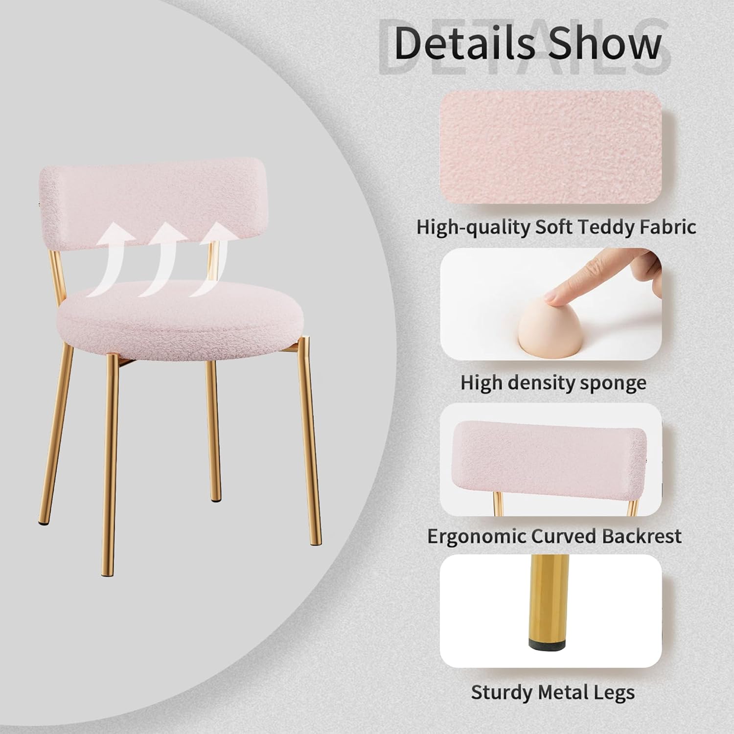 Boucle Dining Chairs Set of 2, Modern Round Upholstered Dining Chairs, Curved Backrest Kitchen Dining Room Chairs, Mid-Century Pink Dining Chair with Golden Metal Legs
