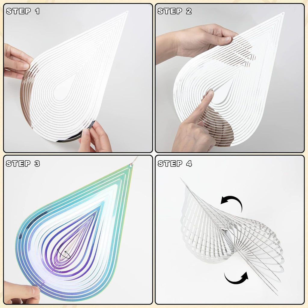 Wind Spinners, 2× 3D Stainless Steel Outdoor Hanging Wind Spinner, 2× Metal Pendants and 3× 360° Rotating Hooks with Wirerope, Reflective Decor for Outside Yard and Garden (Shape No.1)