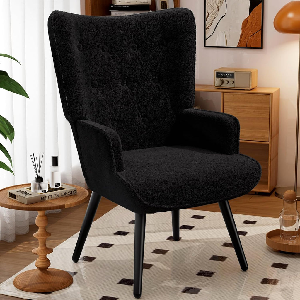 TLSUNNY Accent Chair, Upholstered Teddy Fabric Living Room Chairs | High Back Mid Century Modern Accent Chair, Comfy Wingback Chair for Living Room, Bedroom
