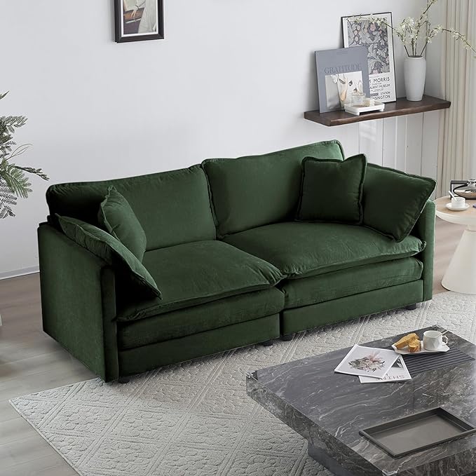 KIVENJAJA Chenille Loveseat Sofa, Oversized 2-Seater Small Cloud Couch, Modern Comfy Deep Seat Love Seat with 4 Pillows for Living Room Bedroom Office Apartment, 76.7”W, Green