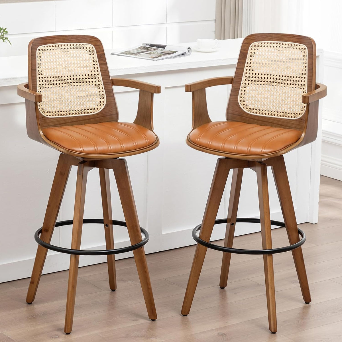 Mid Century Counter Stools, 26.3" Kitchen Island Stools with Curved Back | 360° Swivel, Ergonomic Rattan Back, Walnut Bentwood Frame, Natural Wood Legs, Faux Leather Upholstered for Kitchen, Island