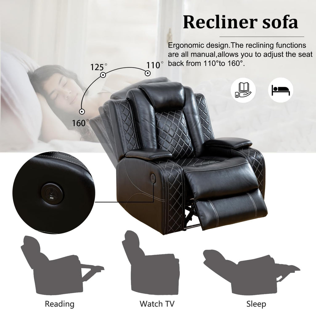 Multifunction Power Air Leather Recliner Sofa Set with LED Lights, Living Room Furniture, Reclining Sofa, loveseat, Chair with USB Port/Storage Console/Cup Holders (Black, 3 Pieces)
