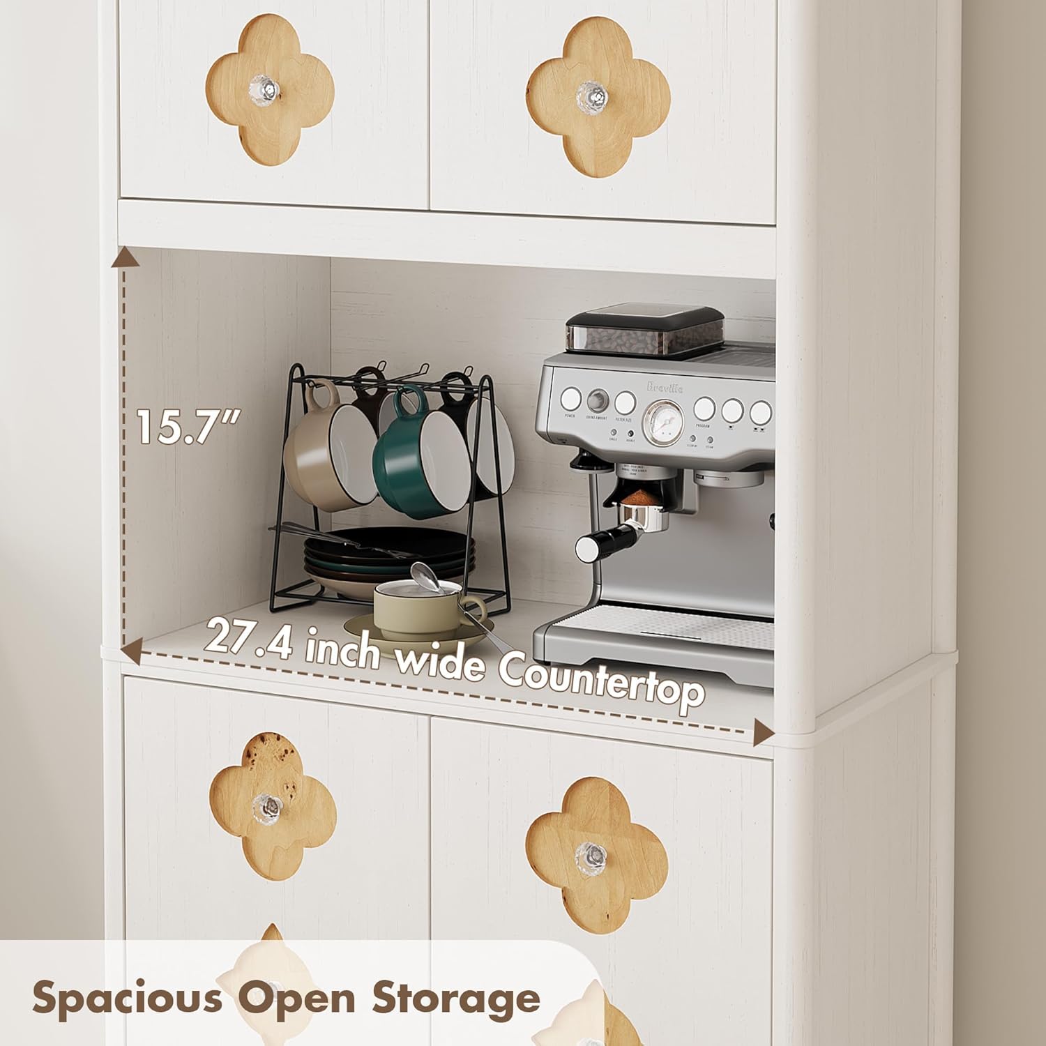 IDEALHOUSE Mid Century Modern Kitchen Pantry Cabinet, 72" Tall Storage Cabinet with Microwave Shelf, Wooden Freestand Cupboard with Carved Flower Door & Crystal Handle, for Dining Room