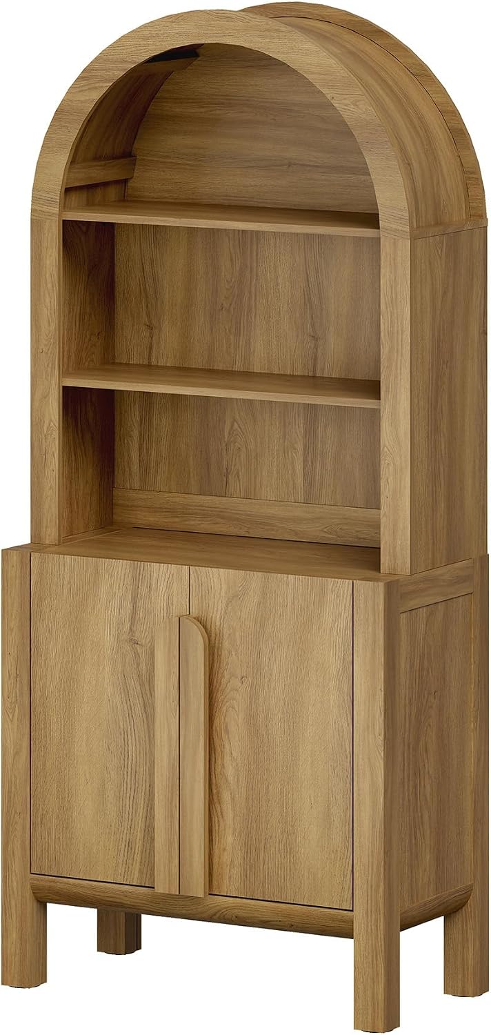 WAMPAT 71" Tall Arched Kitchen Pantry Cabinet, 5 Tiers Modern Farmhouse Bookcase with Doors and Adjustable Shelves, Wood Display Bookcase for Kitchen, Dining Room, Walnut, 1PC