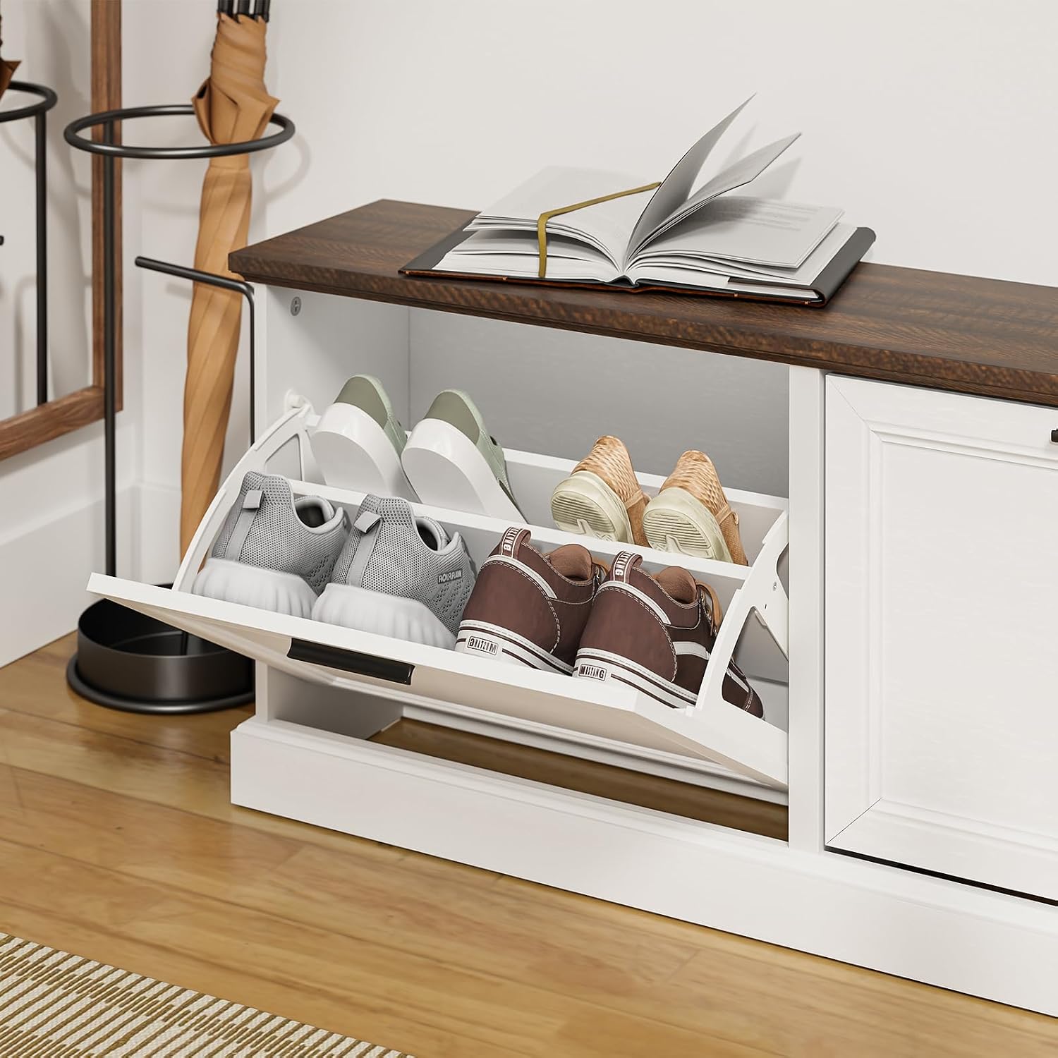 SoBuy Narrow Shoe Bench with Flip Drawers - Slim White Entryway Shoe Storage Bench for Small Spaces, Modern Shoe Cabinet Organizer for Hallway or Foyer, Compact Wooden Shoe Rack, FSR217-WN