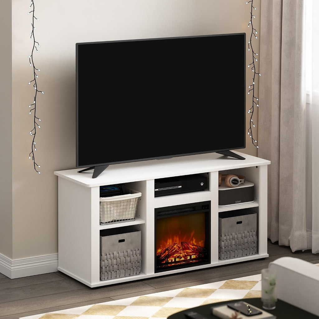 Furinno Jensen Fireplace TV Stand, Entertainment Center, TV Console for TV up to 55 Inch with Fireplace and Open Storage Compartment, for Living Room, Bedroom, Solid White