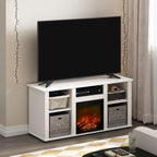 Furinno Jensen Fireplace TV Stand, Entertainment Center, TV Console for TV up to 55 Inch with Fireplace and Open Storage Compartment, for Living Room, Bedroom, Solid White