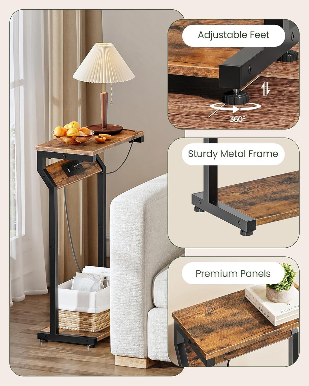 CHOEZON Narrow Side Table with Charging Station, 27" Skinny End Table for Small Spaces, Couch Table with Storage, Slim Tray Table with USB Ports, for Living Room, Bedroom, Rustic Brown TBZ27UBF