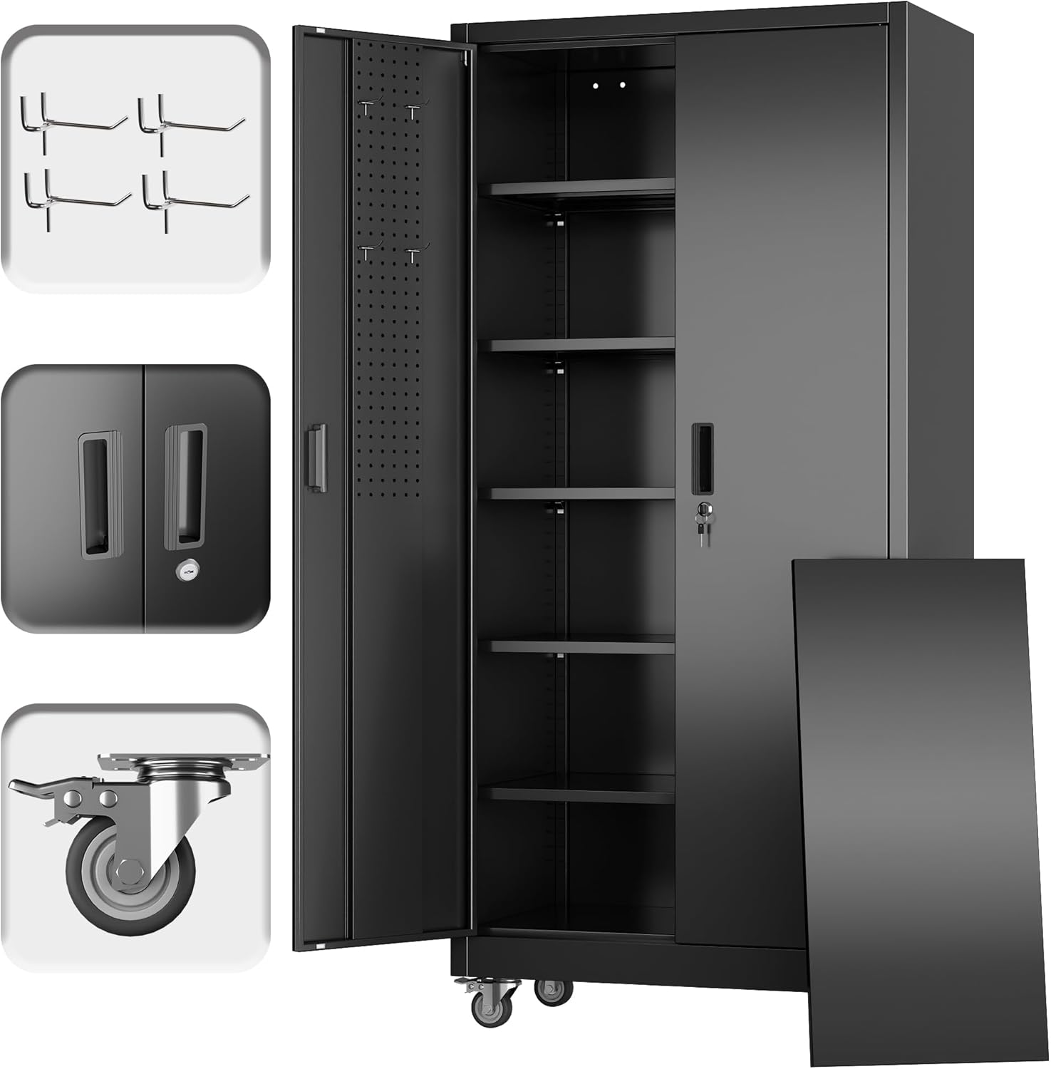 SUXXAN 71" Metal Storage Cabinet with Wheels, Pegboard, Lock, 5 Shelves | Locking steel cabinet with wheels, pegboard and 5 shelves for garage, workshop, office or pantry; assembly required.
