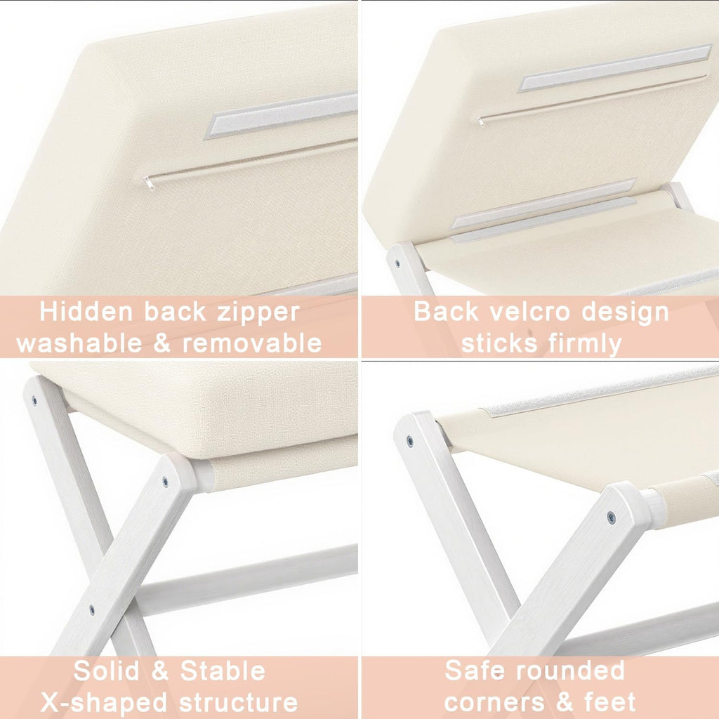 BAMBOOHOMIE Foldable Foot Stool Ottoman, Modern Foot Rest with Bamboo X Legs & Thick Foam Cushion, Folding Foot Stools Small Padded for Bedroom Living Room, Footstool for Chair Couch (White - White)