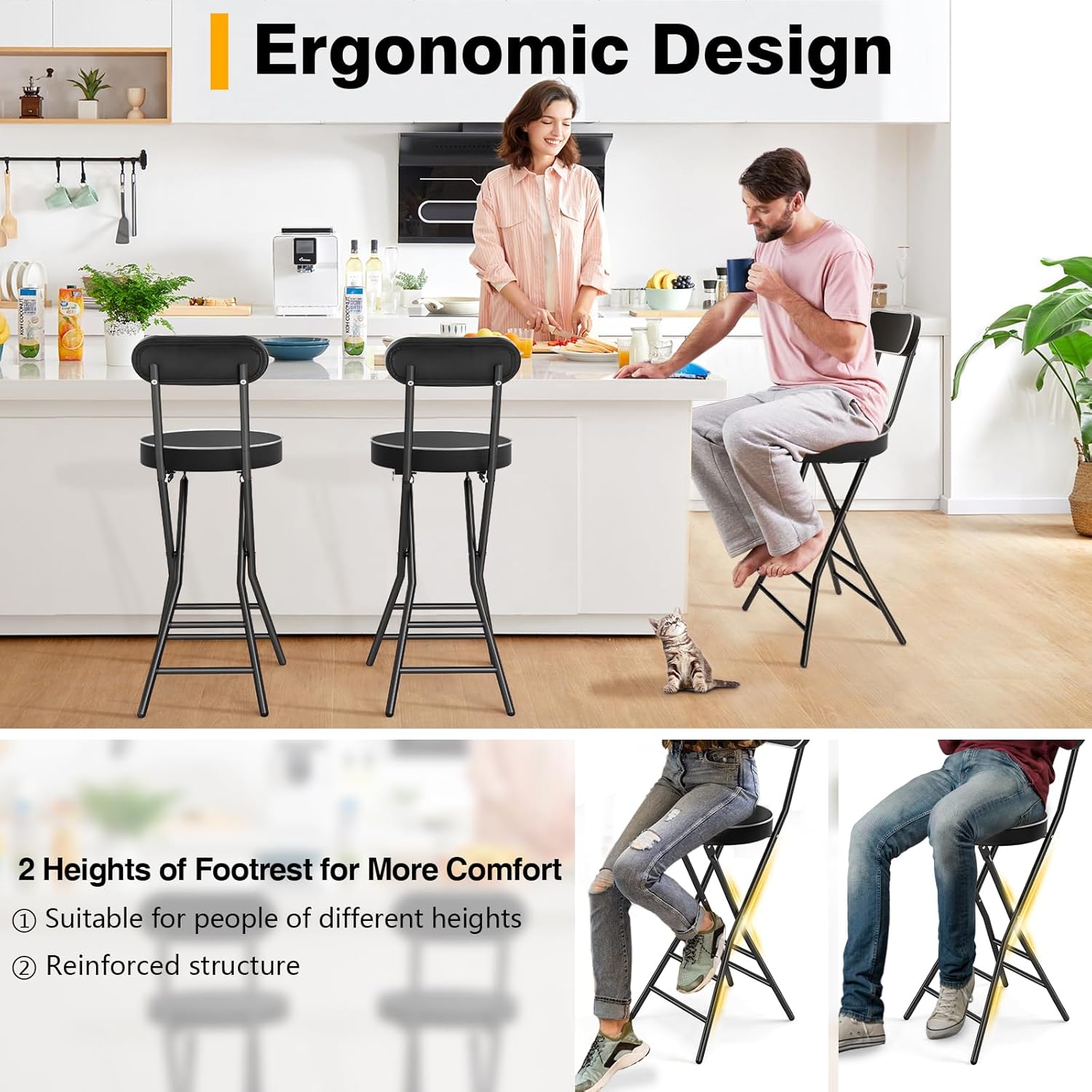 TAVR Folding Chair, Tall Folding Bar Chair with Backrest & Safety Lock, Portable PU Leather Counter Chair for Kitchen, Balcony, Camping, Fishing & Indoor Outdoor Use