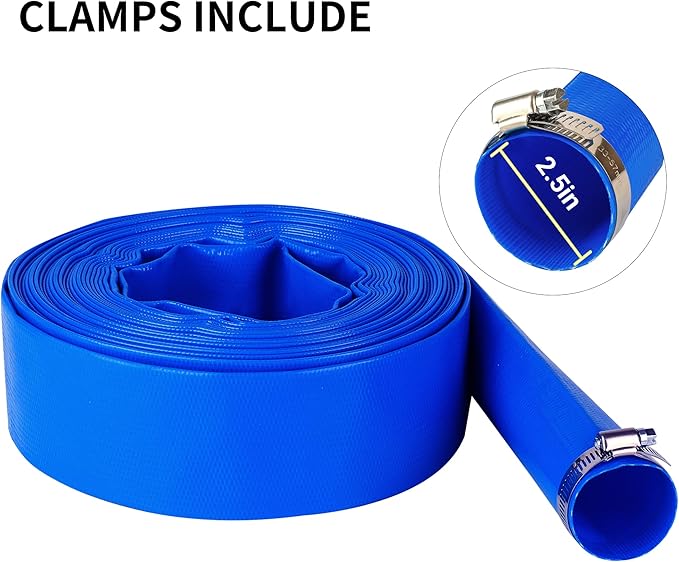 2.5" x 50 FT Pool Backwash Hose, Blue Heavy Duty Reinforced PVC Lay Flat Water Discharge Hose for Swimming Pool Filter Pump,with 2 Clamp