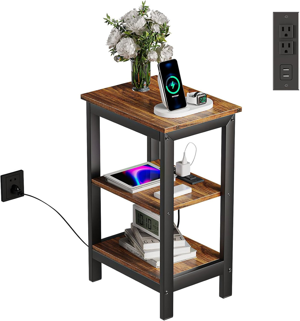 VECELO End Table with Charging Station and USB Ports, Small Wood Nightstand Modern Style, 24" Tall Living Room Side Table with 3-Tier Storage Shelves for Small Spaces, Office, Bedroom, Retro Brown