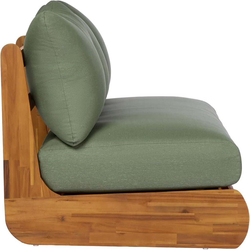 Merax Outdoor Acacia Wood Sofa with All-Weather Cushions, Patio Low 3-Seater Lounge Sofa for Porch, Lawn, Backyard, Balcony, Green+Teak