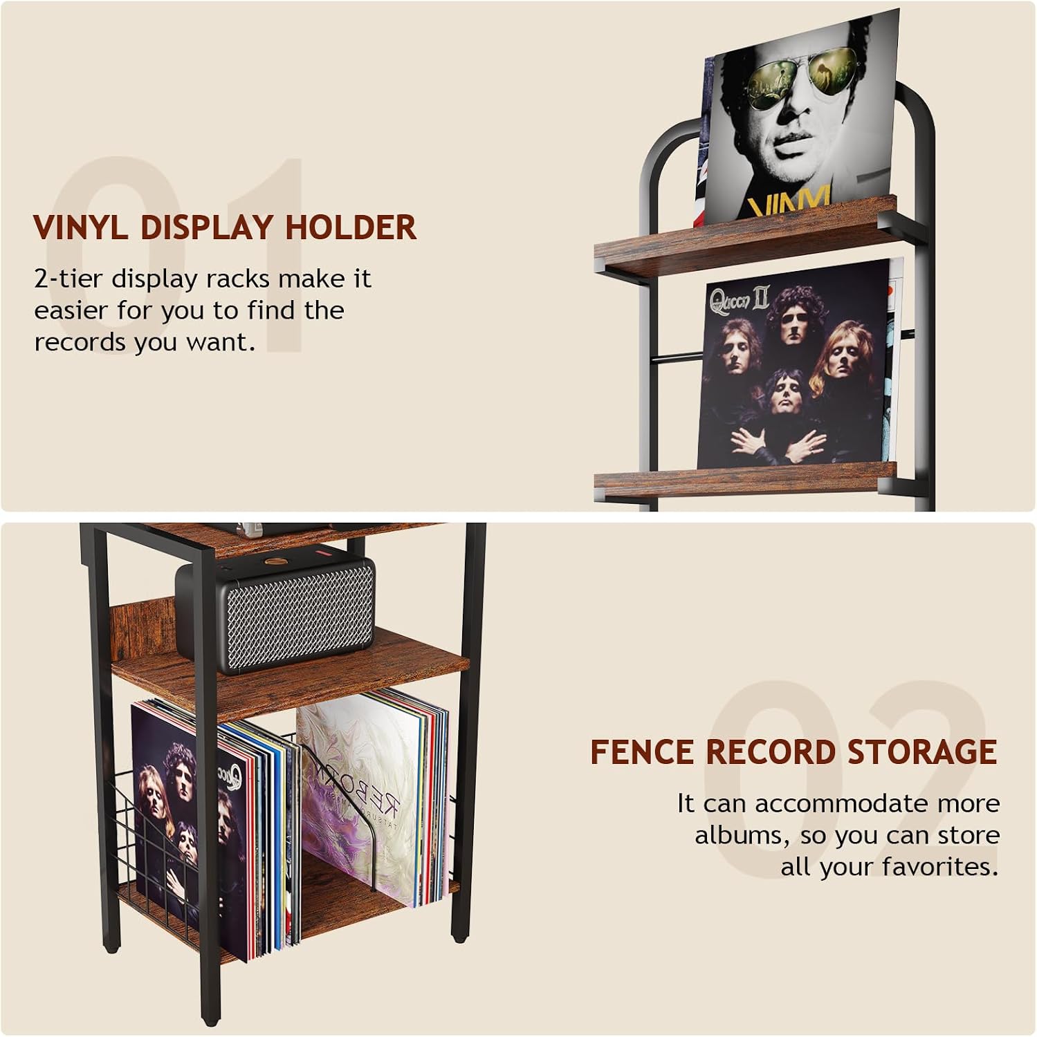 Record Player Stand with Power Outlet, Turntable Stand with 2-Tier Vinyl Record Storage, Record Player Table Up to 200 Albums, End Table for Vinyl Record Holder for Living Room