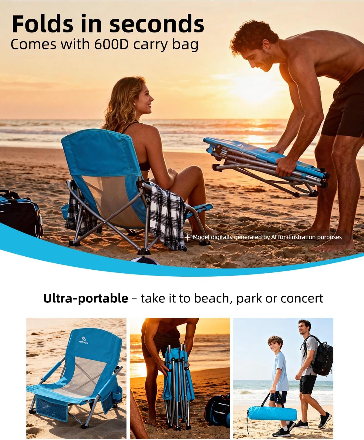 Abahub Beach Chair Low/High Back with Carry Bag Lightweight Comfortable Portable Outdoor Camping Chair Blue Low 1 Pack