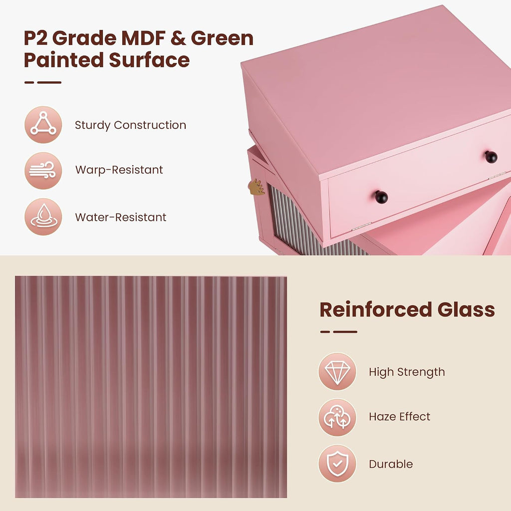 RoyalCraft Nightstand with LED Light Strips, Pink End Table for Bedroom | Modern Bedside Table with 360°Rotating Drawer, Wood Night Stand Cabinet with Glass Door Storage for Living Room, Home Office