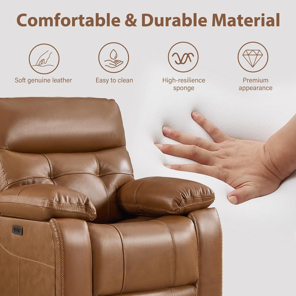 CANMOV Genuine Leather Power Recliner Loveseat, 2 Seat Loveseat Reclining Sofa with Storage Console,Hidden Cup Holders,Modern Electric Recliner Couch Set for Living Room, Bedroom,Brown