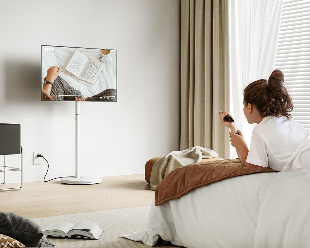 FITUEYES Small Rolling TV Cart for 24-48 Inch TVs, Height Adjustable, White | Minimalist Modern TV Floor Stand on Wheels, Fits Max VESA 200x200mm, Portable Smart Television Cart for Study, Master Series