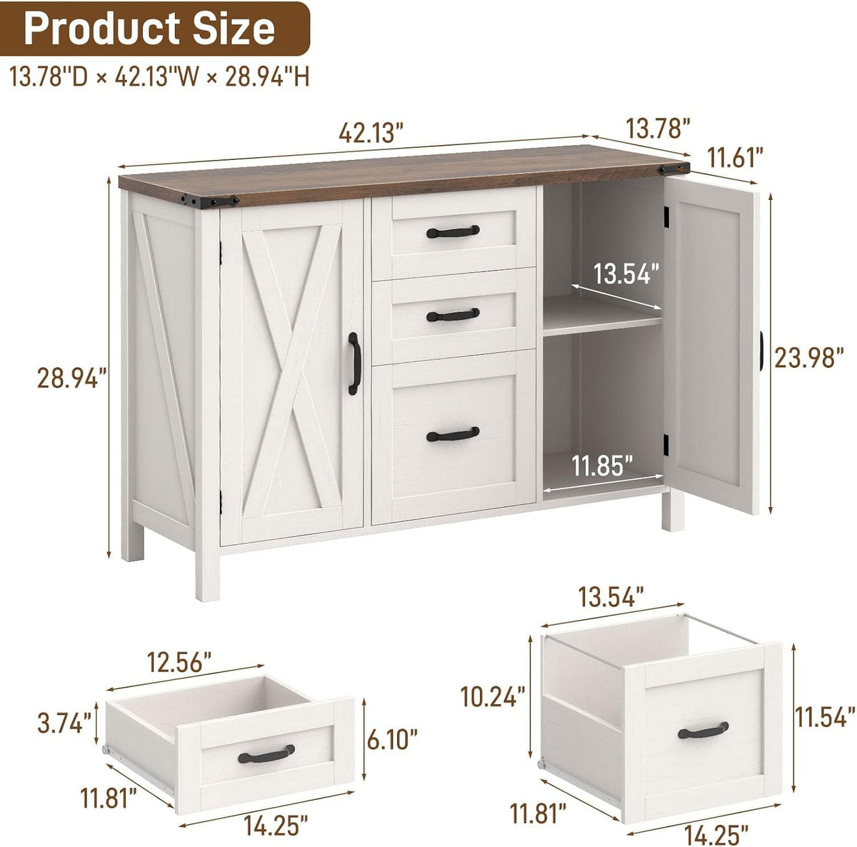 Vabches File Cabinet with 3 Drawers Fits Files Letter/A4 Size, Rustic White | Farmhouse Lateral File Cabinet, Wooden Filing Cabinet with Door and Adjustable Shelves Printer Stand for Home Office