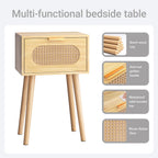 Nightstands Set of 2, Bedside Table with Rattan Door, Boho End Table with Solid Wood Legs for Bedroom, Living Room, Small Space Nightstands, Natural Color, HNS001N
