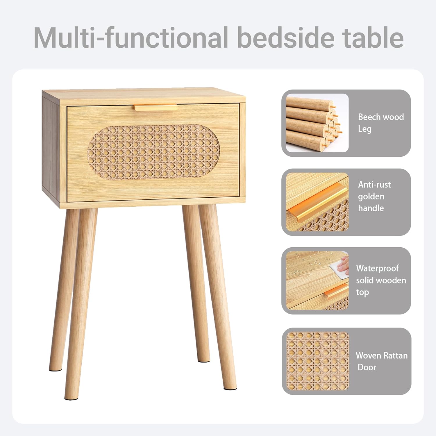 Nightstands Set of 2, Bedside Table with Rattan Door, Boho End Table with Solid Wood Legs for Bedroom, Living Room, Small Space Nightstands, Natural Color, HNS001N