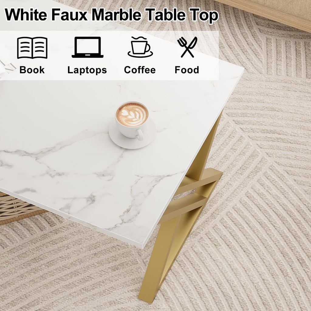 Wolawu Coffee Table Living Room Table White Center Table, Modern Faux Marble Rectangular Tea Tables with Sturdy Gold Metal Frame,Industrial Wooden Coffee Table for Bedroom Home Office